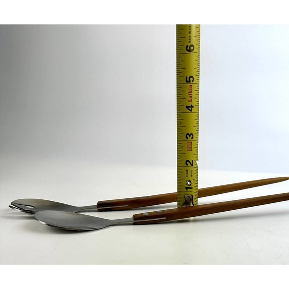 Mid Century Modern Teak Wood Handle Salad Servers Fork And Spoon Set Stainless - Picture 8 of 9
